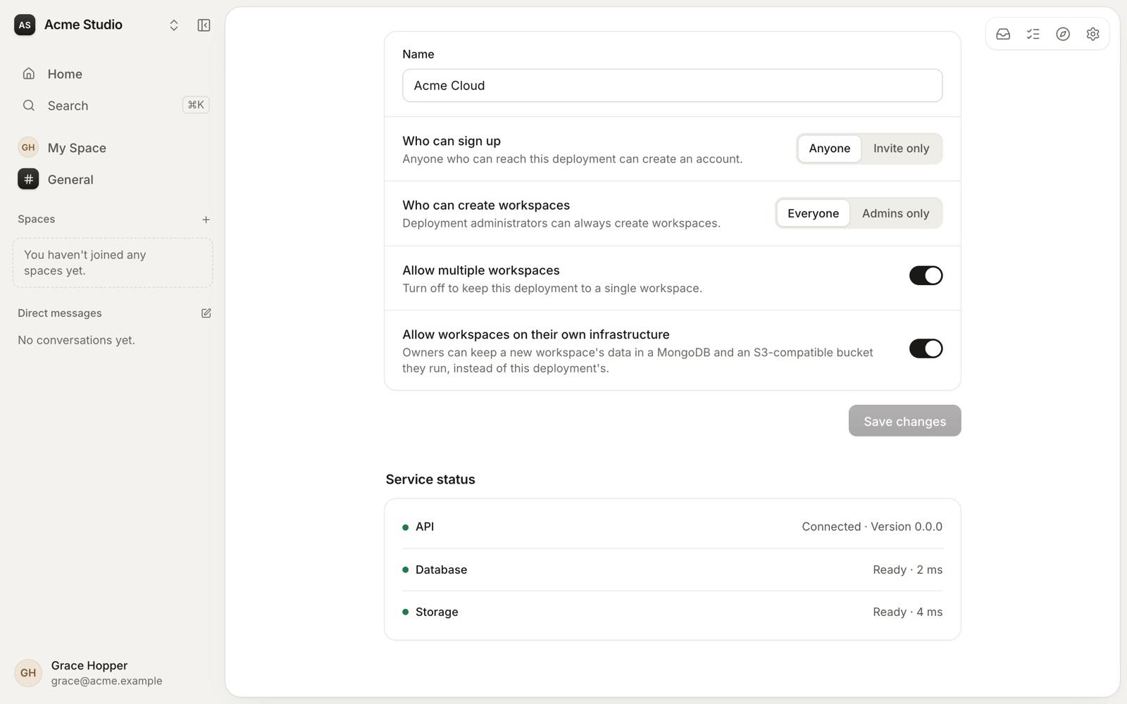 Deployment settings: the name, who can sign up, who can create workspaces, multiple workspaces, workspaces on their own infrastructure, and the service status.