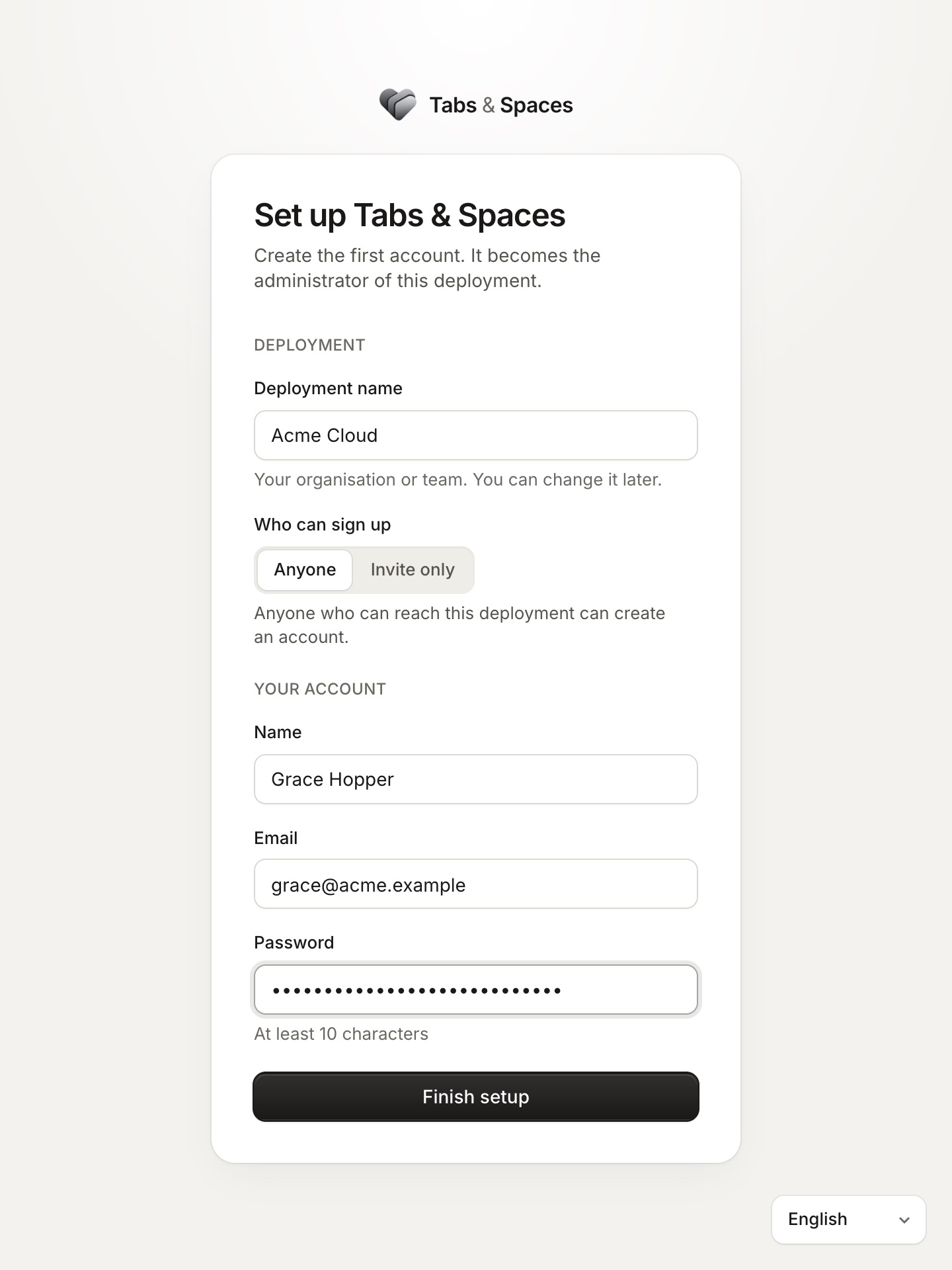 The setup form: deployment name, who can sign up, and the first account's name, email and password.