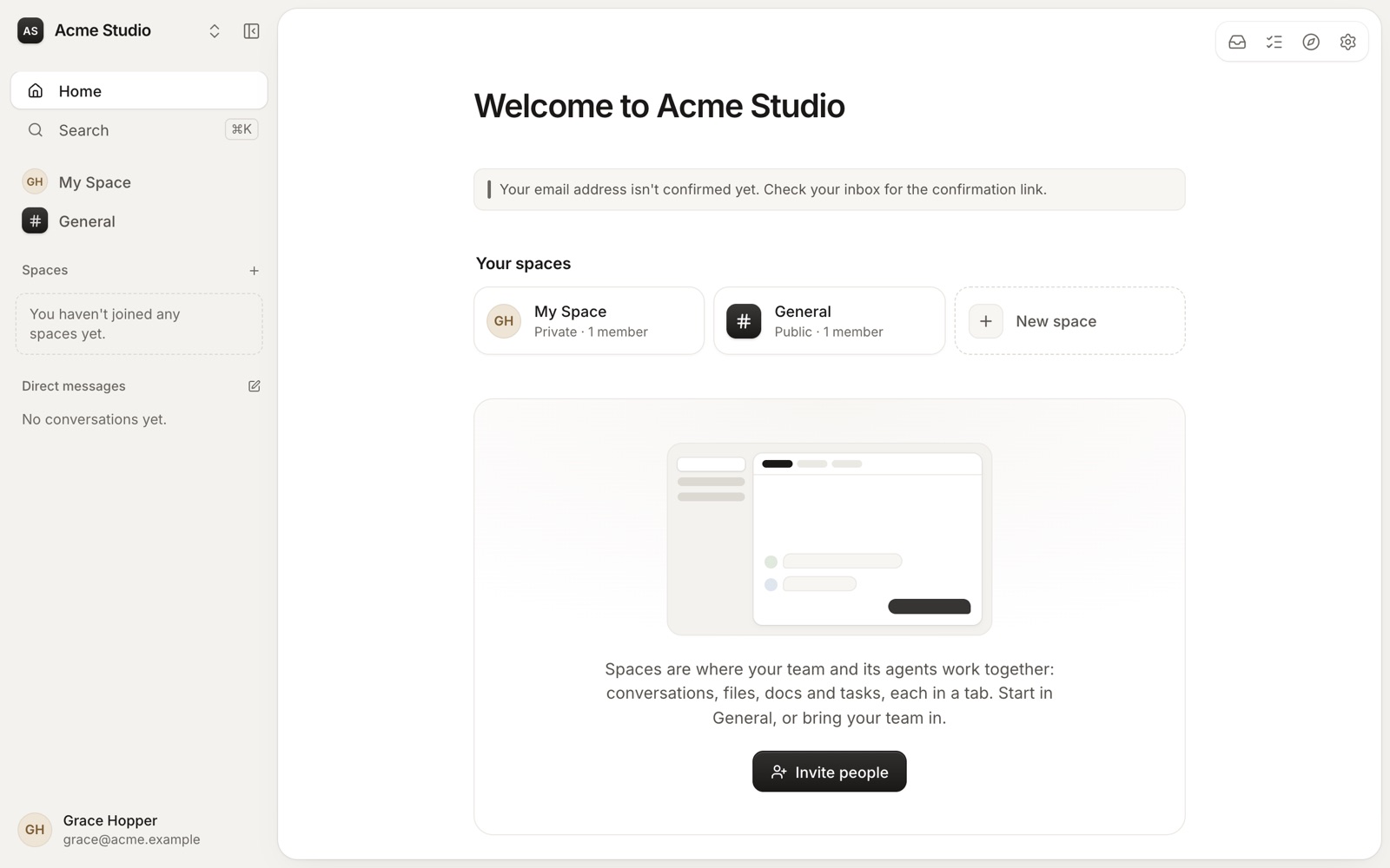 The new workspace's home: its spaces (My Space and General), and an invitation to bring the team in.